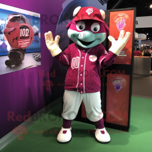 Magenta Baseball Glove mascot costume character dressed with a Long Sleeve Tee and Earrings