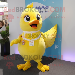 Yellow Dove mascot costume character dressed with a Overalls and Ties