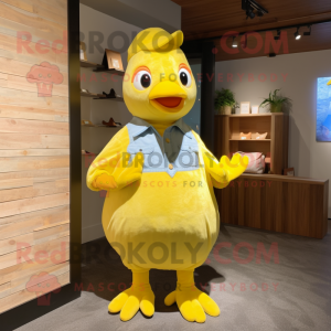 Yellow Dove mascot costume character dressed with a Overalls and Ties