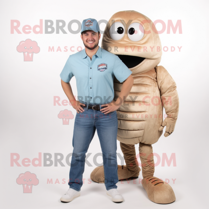 Tan Trilobite mascot costume character dressed with a Boyfriend Jeans and Hats