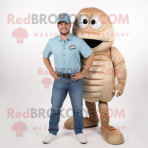 Tan Trilobite mascot costume character dressed with a Boyfriend Jeans and Hats