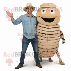 Tan Trilobite mascot costume character dressed with a Boyfriend Jeans and Hats