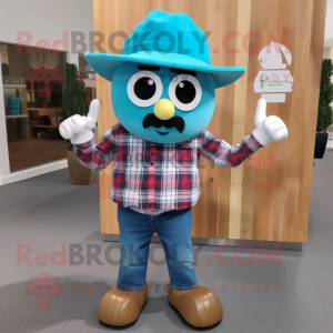 Turquoise Apple mascot costume character dressed with a Flannel Shirt and Hat pins