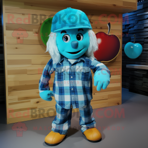 Turquoise Apple mascot costume character dressed with a Flannel Shirt and Hat pins