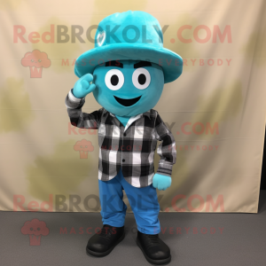 Turquoise Apple mascot costume character dressed with a Flannel Shirt and Hat pins