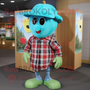 Turquoise Apple mascot costume character dressed with a Flannel Shirt and Hat pins