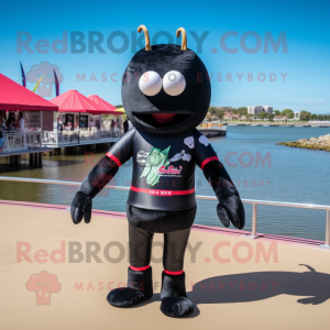 Black Shrimp Scampi mascot costume character dressed with a Rash Guard and Bracelets