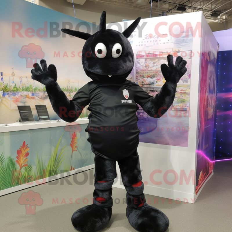 Black Shrimp Scampi mascot costume character dressed with a Rash Guard and Bracelets Black Shrimp Scampi mascot costume character dressed with a Rash Guard and Bracelets