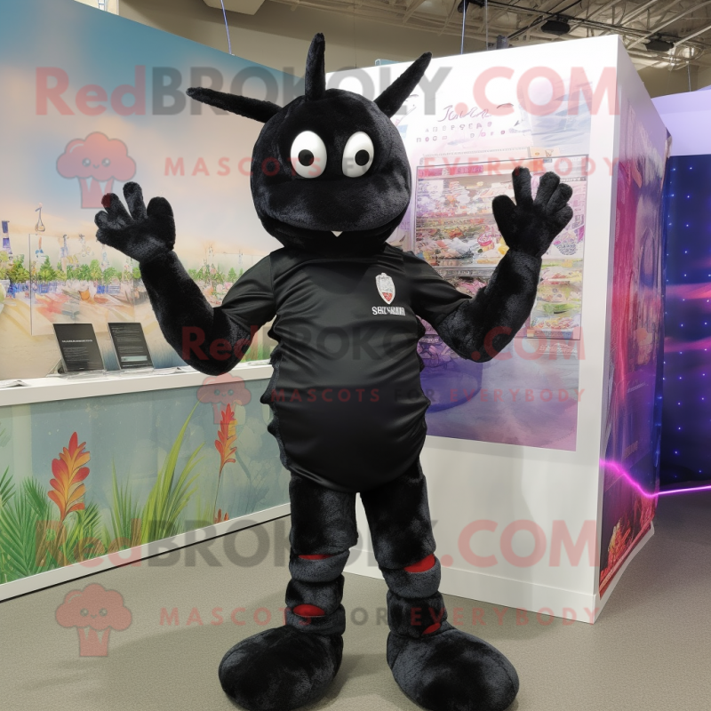 Black Shrimp Scampi mascot costume character dressed with a Rash Guard and Bracelets