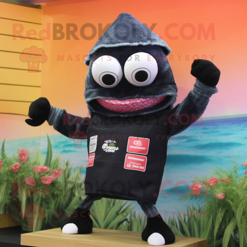 Black Shrimp Scampi mascot costume character dressed with a Rash Guard and Bracelets Black Shrimp Scampi mascot costume character dressed with a Rash Guard and Bracelets