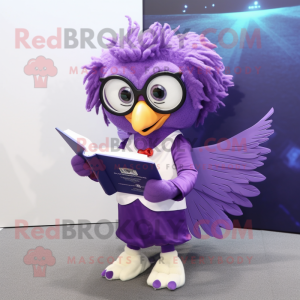 Purple Harpy mascot costume character dressed with a Mini Dress and Reading glasses