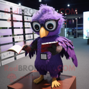 Purple Harpy mascot costume character dressed with a Mini Dress and Reading glasses