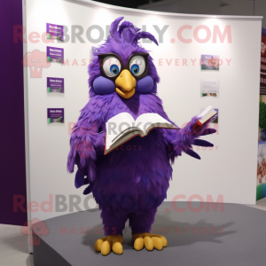 Purple Harpy mascot costume character dressed with a Mini Dress and Reading glasses