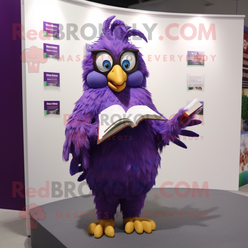 Purple Harpy mascot costume character dressed with a Mini Dress and Reading glasses Purple Harpy mascot costume character dressed with a Mini Dress and Reading glasses