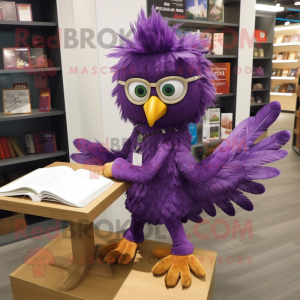 Purple Harpy mascot costume character dressed with a Mini Dress and Reading glasses