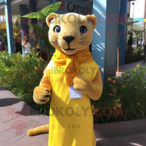Yellow Jaguarundi mascot costume character dressed with a Pencil Skirt and Scarf clips