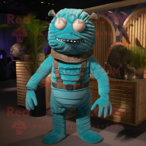 Cyan Trilobite mascot costume character dressed with a Corduroy Pants and Suspenders