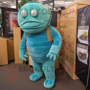 Cyan Trilobite mascot costume character dressed with a Corduroy Pants and Suspenders