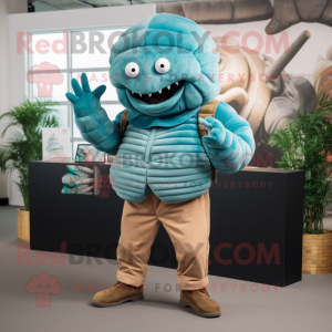 Cyan Trilobite mascot costume character dressed with a Corduroy Pants and Suspenders