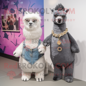 Gray Alpaca mascot costume character dressed with a Mom Jeans and Necklaces