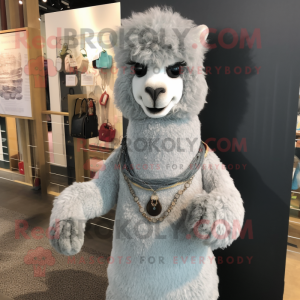 Gray Alpaca mascot costume character dressed with a Mom Jeans and Necklaces