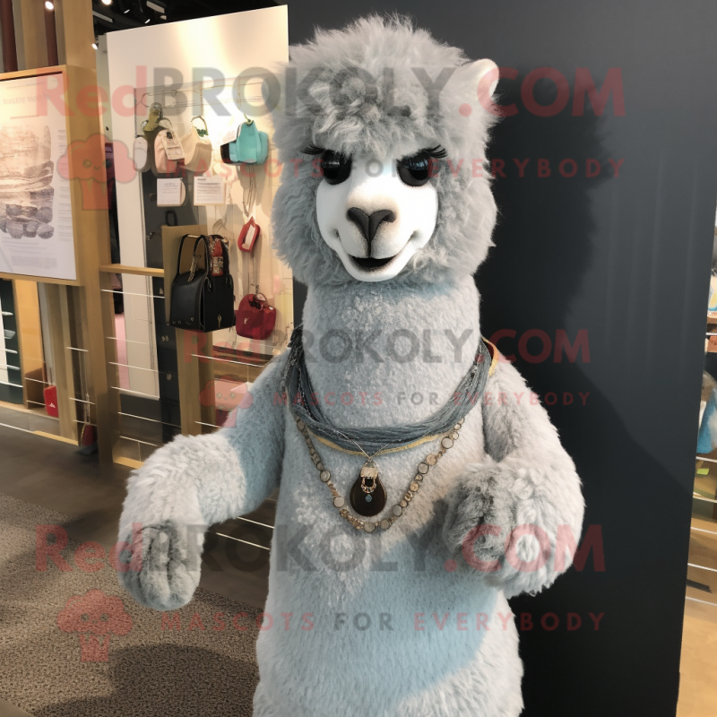 Gray Alpaca mascot costume character dressed with a Mom Jeans and Necklaces Gray Alpaca mascot costume character dressed with a Mom Jeans and Necklaces