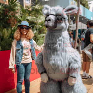 Gray Alpaca mascot costume character dressed with a Mom Jeans and Necklaces