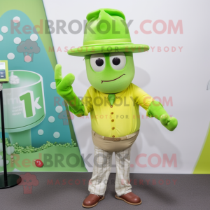 Lime Green Pop Corn mascot costume character dressed with a Oxford Shirt and Hat pins