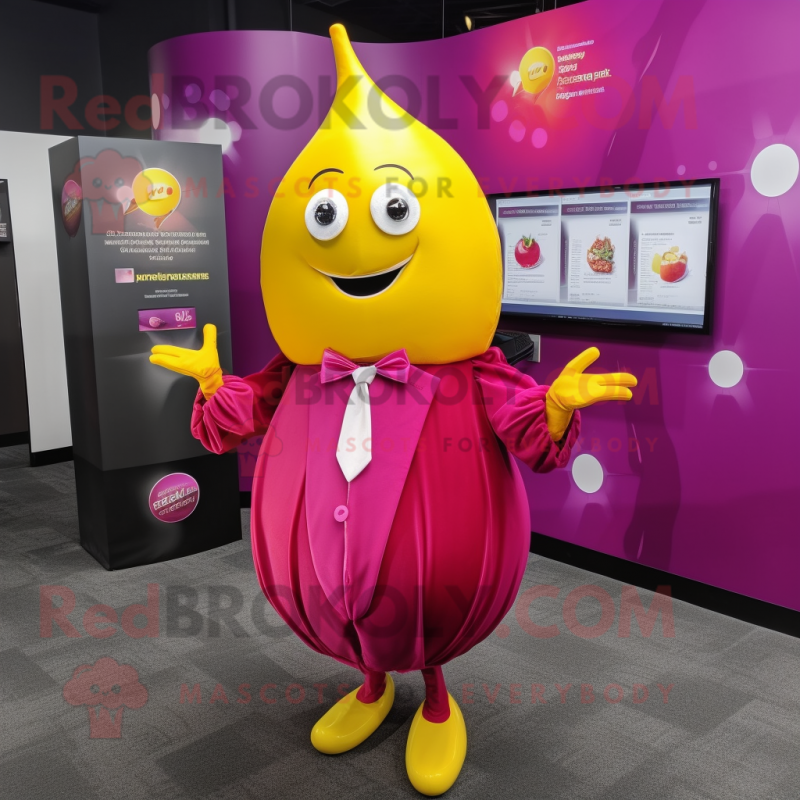 Magenta Lemon mascot costume character dressed with a Cover-up and Tie pins Magenta Lemon mascot costume character dressed with a Cover-up and Tie pins