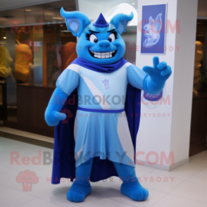 Sky Blue Devil mascot costume character dressed with a Tank Top and Shawls