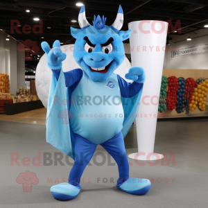 Sky Blue Devil mascot costume character dressed with a Tank Top and Shawls