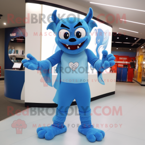 Sky Blue Devil mascot costume character dressed with a Tank Top and Shawls