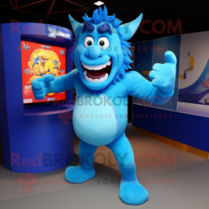 Sky Blue Devil mascot costume character dressed with a Tank Top and Shawls
