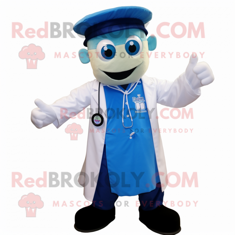 Blue Doctor mascot costume character dressed with a Chinos and Rings