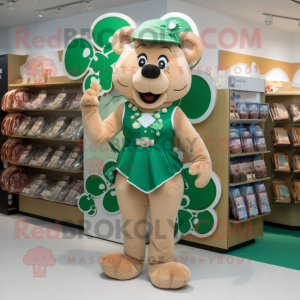 Tan Bunch Of Shamrocks mascot costume character dressed with a One-Piece Swimsuit and Coin purses