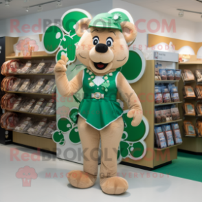 Tan Bunch Of Shamrocks mascot costume character dressed with a One-Piece Swimsuit and Coin purses