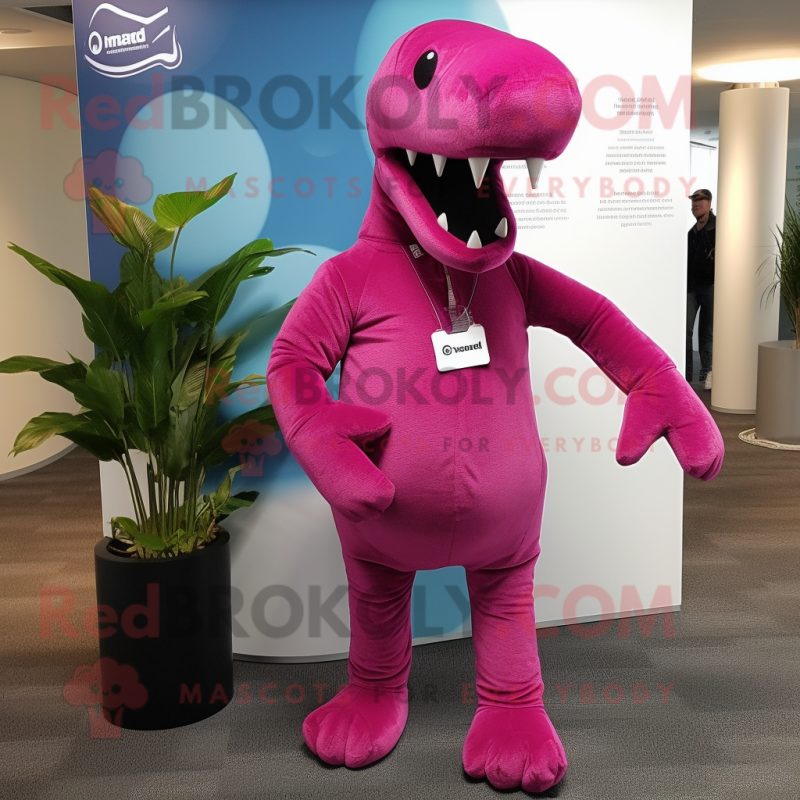 Magenta Diplodocus mascot costume character dressed with a Boyfriend Jeans and Tie pins