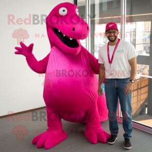 Magenta Diplodocus mascot costume character dressed with a Boyfriend Jeans and Tie pins