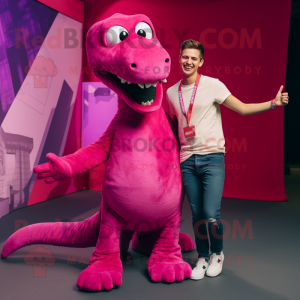 Magenta Diplodocus mascot costume character dressed with a Boyfriend Jeans and Tie pins