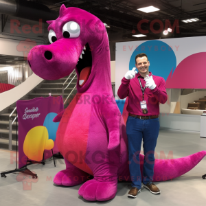 Magenta Diplodocus mascot costume character dressed with a Boyfriend Jeans and Tie pins