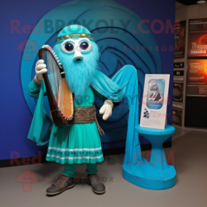 Turquoise Celtic Harp mascot costume character dressed with a Vest and Shoe clips