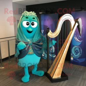 Turquoise Celtic Harp mascot costume character dressed with a Vest and Shoe clips