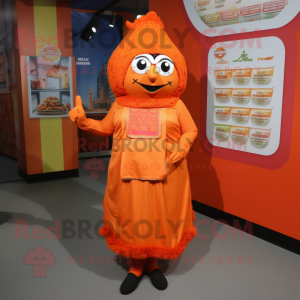 Orange Biryani mascot costume character dressed with a Shift Dress and Shoe laces