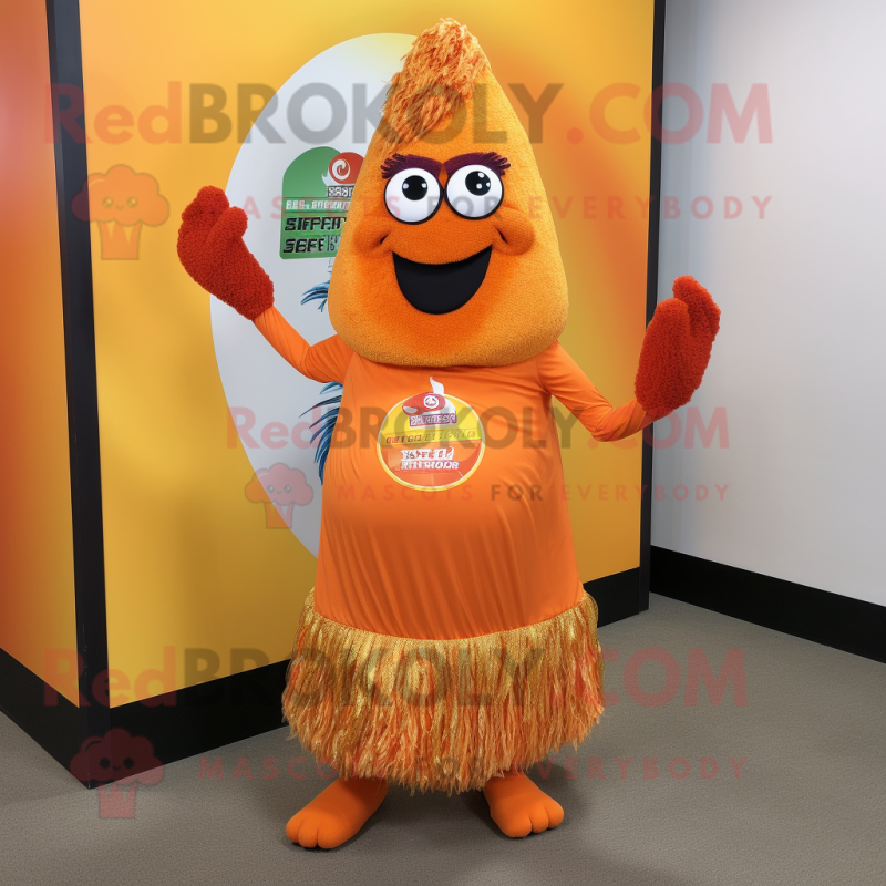 Orange Biryani mascot costume character dressed with a Shift Dress and Shoe laces