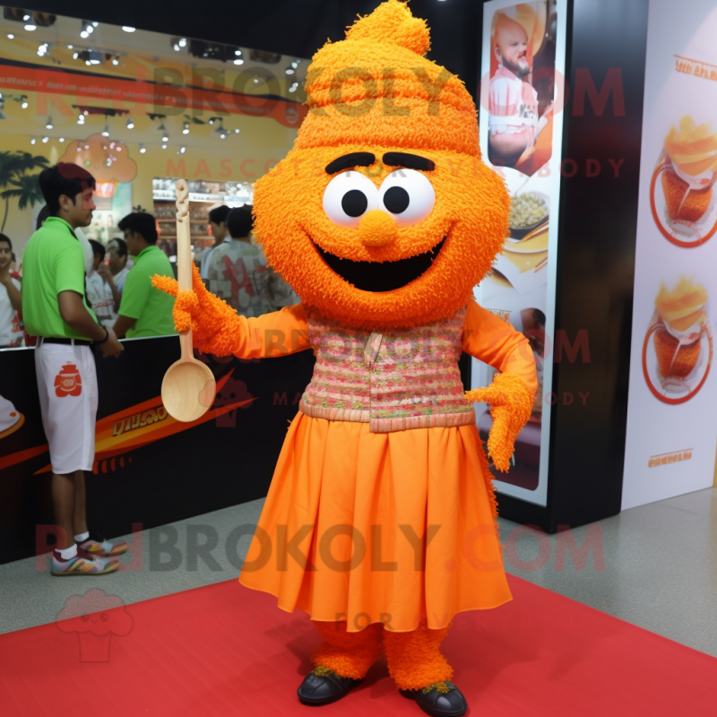 Orange Biryani mascot costume character dressed with a Shift Dress and Shoe laces Orange Biryani mascot costume character dressed with a Shift Dress and Shoe laces