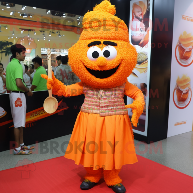 Orange Biryani mascot costume character dressed with a Shift Dress and Shoe laces