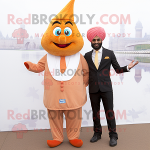 Peach Tikka Masala mascot costume character dressed with a Waistcoat and Cufflinks