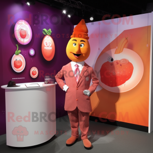 Peach Tikka Masala mascot costume character dressed with a Waistcoat and Cufflinks