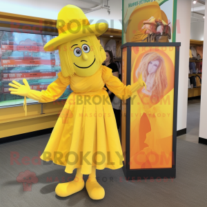 Yellow Witch mascot costume character dressed with a Shift Dress and Ties