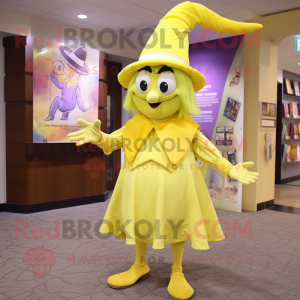 Yellow Witch mascot costume character dressed with a Shift Dress and Ties